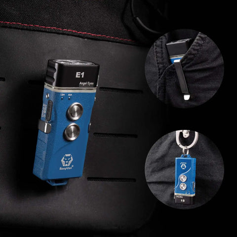 S23 4000 Lumen USB C Rechargeable EDC Flashlight clipped to pocket and keychain for outdoor use, blue color, rugged build