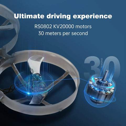 Close-up of One S 75mm Micro FPV Whoop Drone with brushless motors, highlighting RS0802 KV20000 speed capability.