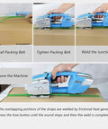 Dfedhf Electric Strapping Machine Automatic Welding Tool For Pp Pet Straps with step-by-step usage on cardboard packaging.