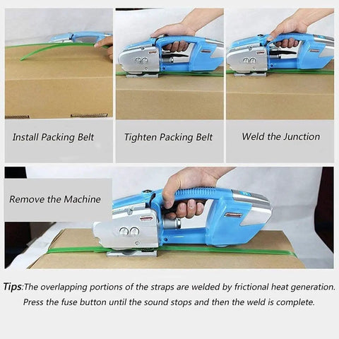 Dfedhf Electric Strapping Machine Automatic Welding Tool For Pp Pet Straps with step-by-step usage on cardboard packaging.