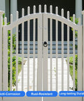 Slick Carbon Steel Hook And Eye Latch Lock For Door Gate Screen Security One Point Five Inch Heavy Duty on an arched white gate.