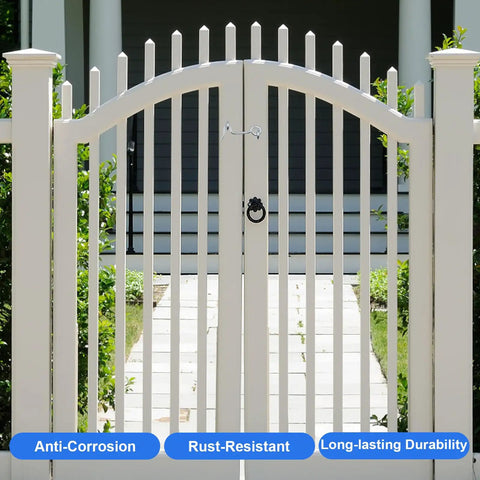 Slick Carbon Steel Hook And Eye Latch Lock For Door Gate Screen Security One Point Five Inch Heavy Duty on an arched white gate.