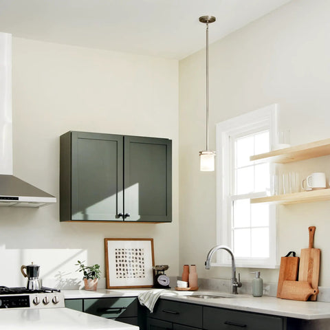 Hendrik 1-Light Mini Pendant With Brushed Nickel Finish And Satin Etched Cased Opal Glass Shade For Kitchen Island And Dining Room Lighting, E26 Medium Base, Compact 5.25 By 7.5 Inch Hanging Light That Looks Dope in a kitchen.