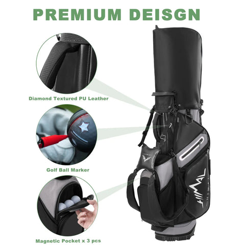 Close-up of 14 Way Full Dividers All Terrain Golf Stand Bag with 10 Pockets showing premium design features.
