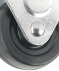 Close-up of a 3-inch rubber caster wheel with a rigid top plate on a metal bracket