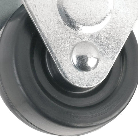 Close-up of a 3-inch rubber caster wheel with a rigid top plate on a metal bracket