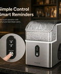 Top Tier Countertop Nugget Ice Maker Churns Out 35 Pounds Of Chewable Pebble Ice In Just Seven Minutes With Self Cleaning Design And Removable Basket For Everyday Chill Sessions In Silver with control panel.