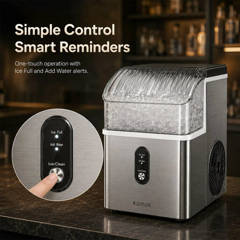 Top Tier Countertop Nugget Ice Maker Churns Out 35 Pounds Of Chewable Pebble Ice In Just Seven Minutes With Self Cleaning Design And Removable Basket For Everyday Chill Sessions In Silver with control panel.