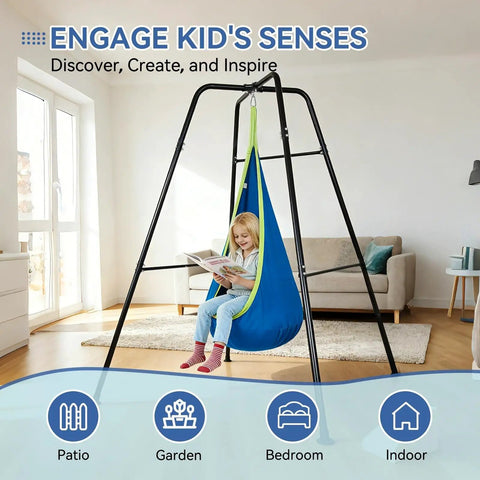 Child reading in Kid Friendly Sensory Pod Swing Set With Heavy Duty Frame For Indoor Outdoor Play, blue hammock.