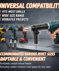Electric Rivet Gun Adapter Kit With Removable Handle And Four Interchangeable Rivet Heads For Cordless Drills shown with various drills and removable heads.