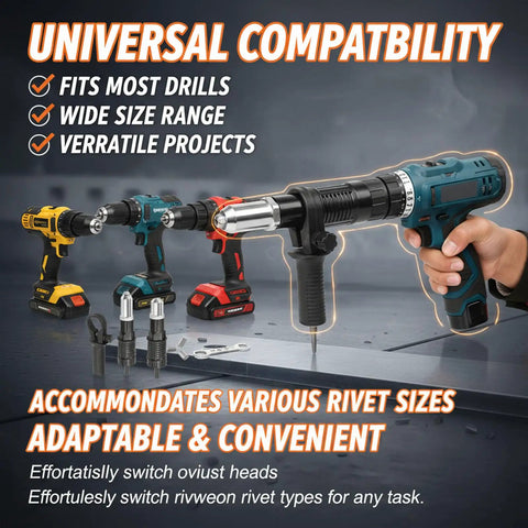 Electric Rivet Gun Adapter Kit With Removable Handle And Four Interchangeable Rivet Heads For Cordless Drills shown with various drills and removable heads.