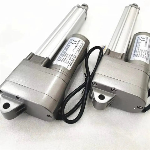 12 Volt Linear Actuator With Potentiometer Dialed In For Precise Motion Control And Adjustable Stroke, metal casing, wires attached
