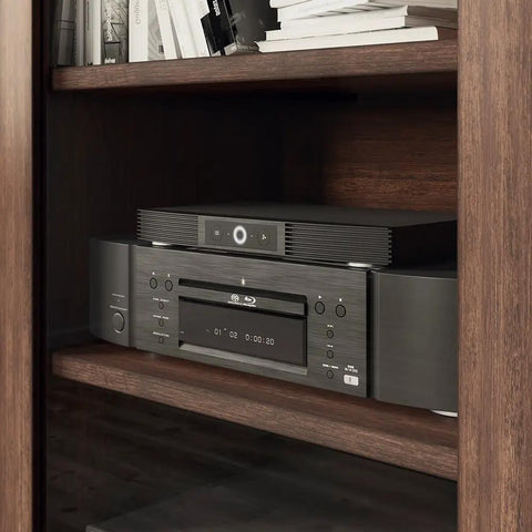 Quiet Cooling Fan System For Routers Modems And Consoles Featuring Silent Top Exhaust Build with sleek black design on wooden shelf.