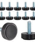12 Pack Slick 1/4-20 Thread Furniture Levelers With Grip Tight Rubber Feet for light couches and cabinets, showing rubber bases.