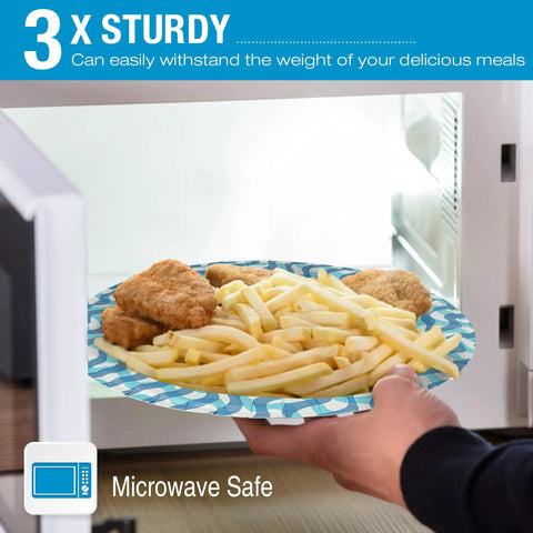 10 Inch Thickened Disposable Paper Plates Bulk Pack 300 Count Heavy Duty Dinner Plates For Holidays Parties Picnics And Everyday Use Great For Home Kitchen And Outdoor Dining in microwave with fries and chicken
