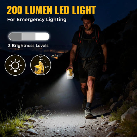 Person using DeWALT 20V Battery Compatible 200W Power Inverter for Camping and Outdoors with LED light on dark path