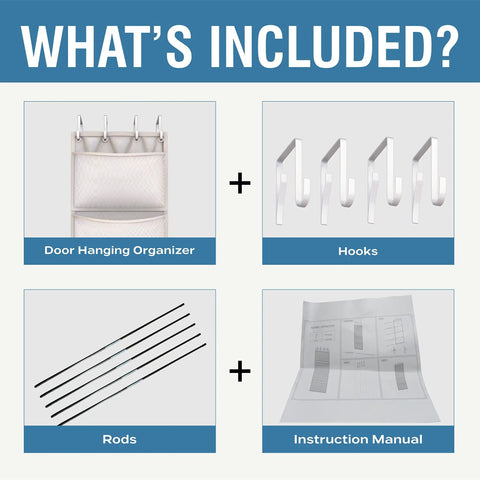 Components included in the Over Door Stuffed Animal Storage Organizer With Hanging Mesh Net Hammock Plush Toy Holder.