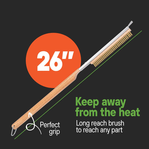26-inch brush from Pizza Stone Cleaner And Oven Brush Kit For Home Cooks And Pizza Pros with a wooden handle and metal bristles.