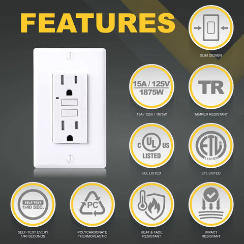 10 Pack GFCI Outlet 15 Amp Tamper Resistant With Self Test ETL Listed Ground Fault Circuit Interrupter White Wall Plate Included Kid Safe Easy Home Renovation Receptacle Replacement