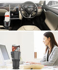Smart 2 In 1 Car Cup Warmer And Cooler With Digital Temp Display in a car and office setting, holding a drink.