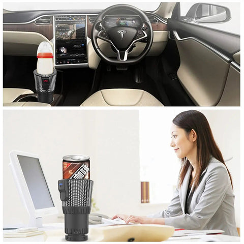 Smart 2 In 1 Car Cup Warmer And Cooler With Digital Temp Display in a car and office setting, holding a drink.