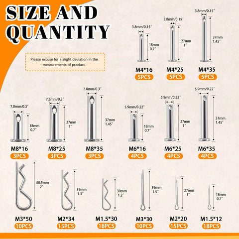 All In One 122 Piece Cotter Pin Kit In 15 Sizes Including M1.5 M2 M3 M4 M6 M8 Made From 304 Stainless Steel with size chart