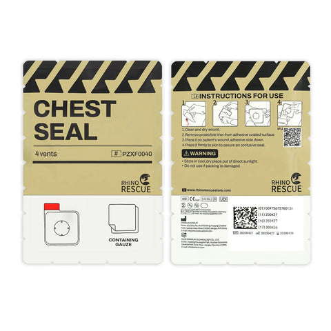 Two Rhino Rescue Chest Seal packs, front and back views, 4-vent sterile trauma dressings