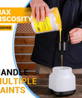 Built Tough Cordless Paint Sprayer With 20V Battery And 800W Corded Brushless Spray Gun pouring yellow paint into a funnel.