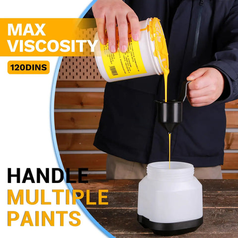 Built Tough Cordless Paint Sprayer With 20V Battery And 800W Corded Brushless Spray Gun pouring yellow paint into a funnel.