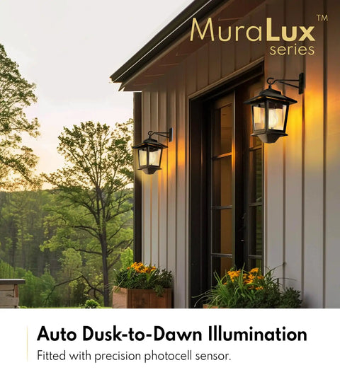 Two Pack Solar Wall Lanterns Outdoor Hanging Lights With Four Solar Panels Dusk To Dawn Led Sconces on house exterior at sunset