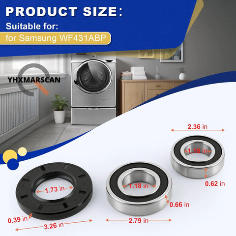 Washer Bearing And Seal Revival Kit Compatible With Samsung DC62-00156A 6601-002632 6601-002516 showing product sizes and dimensions.