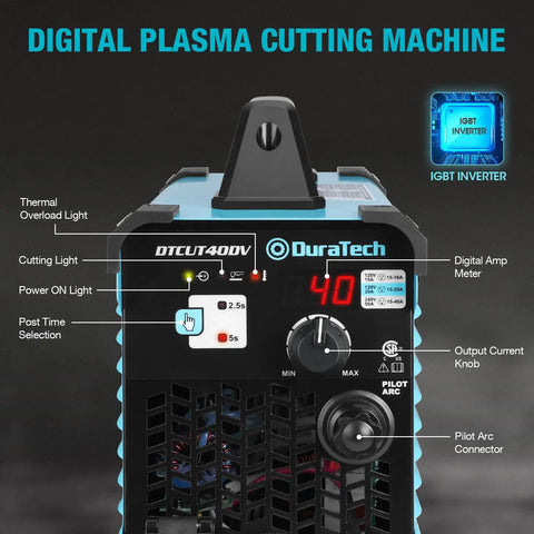 Close-up of 40 Amp Non-Touch Pilot Arc Plasma Cutter With Dual Voltage 120 Volt And 240 Volt IGBT Inverter, digital display