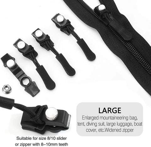 Zipper Repair Kit 18 Piece Universal Quick Install Replacement Zipper Heads for size 3, 5, and 8 nylon, plastic, and metal zippers