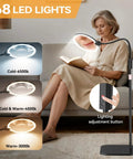 Woman using 10X Magnification LED Lighted Magnifier With Stand And 7 Inch Lens For Reading And Detail Work, Cross Stitch And Crafts, Rechargeable Floor Or Desk Lamp With Adjustable Gooseneck, Ideal For Seniors Or People With Low Vision.