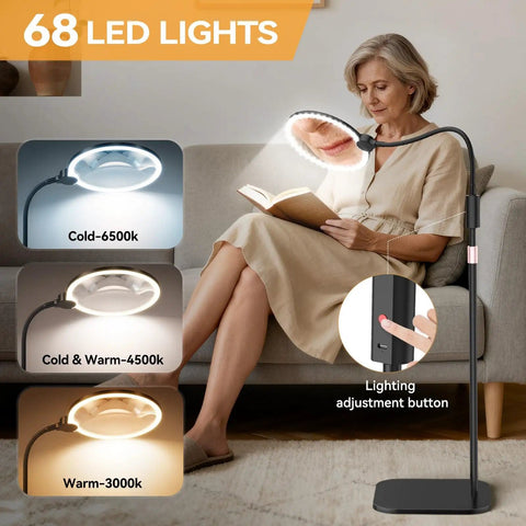 Woman using 10X Magnification LED Lighted Magnifier With Stand And 7 Inch Lens For Reading And Detail Work, Cross Stitch And Crafts, Rechargeable Floor Or Desk Lamp With Adjustable Gooseneck, Ideal For Seniors Or People With Low Vision.