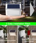 Outdoor Solar Deck Lights 6 Pack Waterproof Fence Post Lights For Backyard Patio Stair Wall Lighting With 3 LED Cool White Beams shown with installation methods using screws and tape.