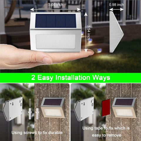 Outdoor Solar Deck Lights 6 Pack Waterproof Fence Post Lights For Backyard Patio Stair Wall Lighting With 3 LED Cool White Beams shown with installation methods using screws and tape.