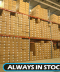 Warehouse shelves filled with stacked cardboard boxes labeled 'ALWAYS IN STOCK'