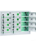 Solid Heavy Duty Steel 12 Slot Cell Phone Storage Lockers With Integrated Fast Charging Station And Secure Key Lock For Offices Schools And Work Crews White, showing open slots with charging cables.
