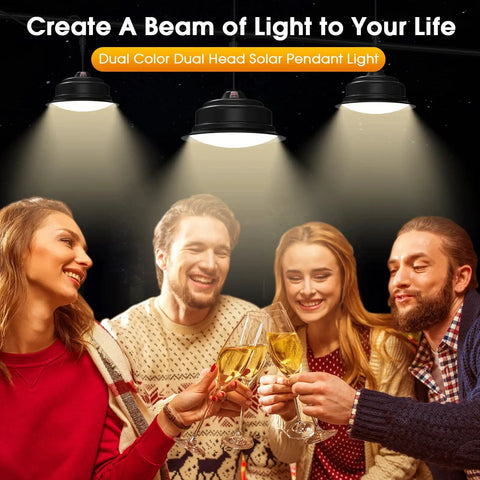 People celebrating under Dual Color Solar Shed Lights 2 Pack With Remote, Indoor Outdoor Waterproof Pendant Lamps.