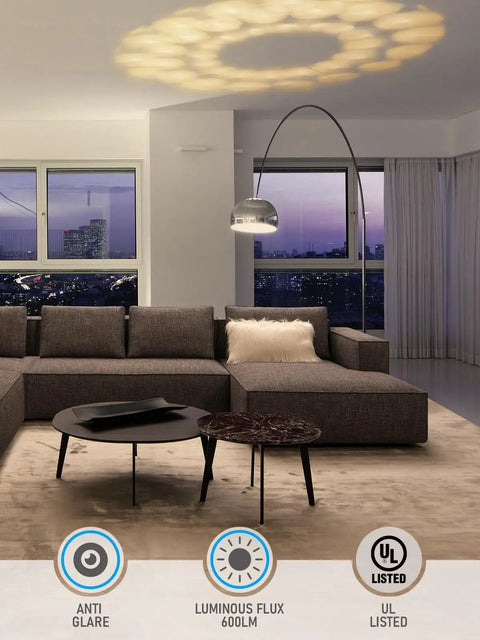 Living room with dimmable anti glare G25 globe LED bulb casting warm light, featuring modern decor, UL listed.