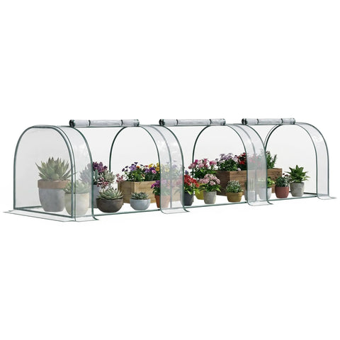 11 By 3 By 2.5 Ft Mini Greenhouse Portable Tunnel With Roll Up Zippered Doors UV Waterproof Clear Plastic Cover Steel Frame for Year Round Gardening and Frost Protection showing potted plants inside