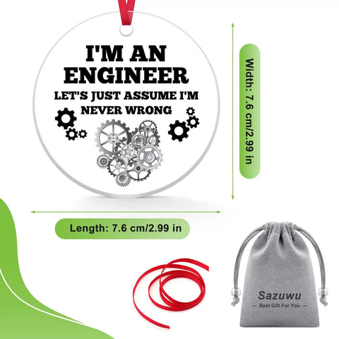 Cool Acrylic Circle Tag Gift For Engineers Nerdy Chemical And Mechanical Engineering Ornament with gears design, 7.6 cm, gift bag.