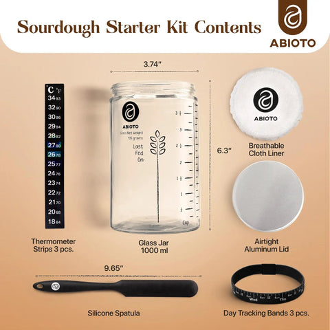 34 Oz Sourdough Starter Jar Kit With Metal Lid Silicone Spatula Feeding Tracker Extra Thermometer Strips And Breathable Covers