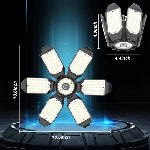 Six Pack 200W LED Garage Lights With E26 E27 Base 6500K Daylight 22000 Lumens Adjustable Ceiling Shop Lights For Basement Attic And Workshop Bay Lighting showing size dimensions