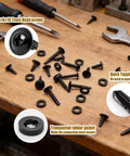 Self Tapping And Self Drilling Screws For Metal Kit In 410 Stainless Steel With Black Oxide Truss Head And Rubber Washer, assorted screws on workbench
