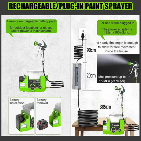 Rechargeable Airless Paint Sprayer with 1.7 Liter Tank, wireless for home use, featuring battery and plug-in capabilities.