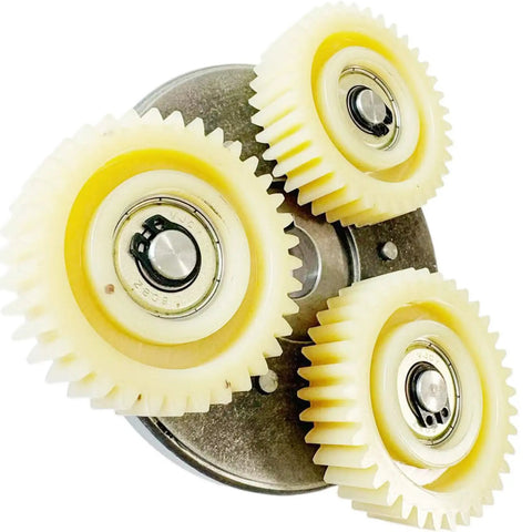 Close-up of Dialed In 36T Nylon Planetary Gear Clutch Kit for E Bike Hub Motors showing nylon gears and metal base.