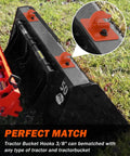 Two Pack 3/8 Inch Tractor Bucket Grab Hooks With Backer Plate mounted on a black tractor bucket