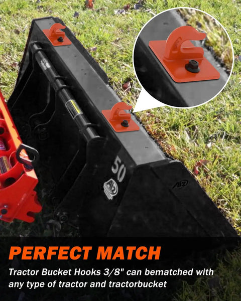 Two Pack 3/8 Inch Tractor Bucket Grab Hooks With Backer Plate mounted on a black tractor bucket